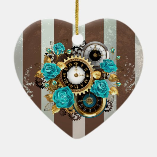 Steampunk Clock- en Turquoise-Rozen op gestreept Keramisch Ornament (Achterkant)