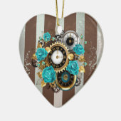 Steampunk Clock- en Turquoise-Rozen op gestreept Keramisch Ornament (Links)