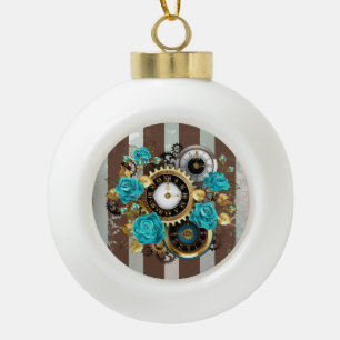 Steampunk Clock- en Turquoise-Rozen op gestreept Keramische Bal Ornament