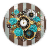 Steampunk Clock- en Turquoise-Rozen op gestreept Keramische Knop (Voorkant)