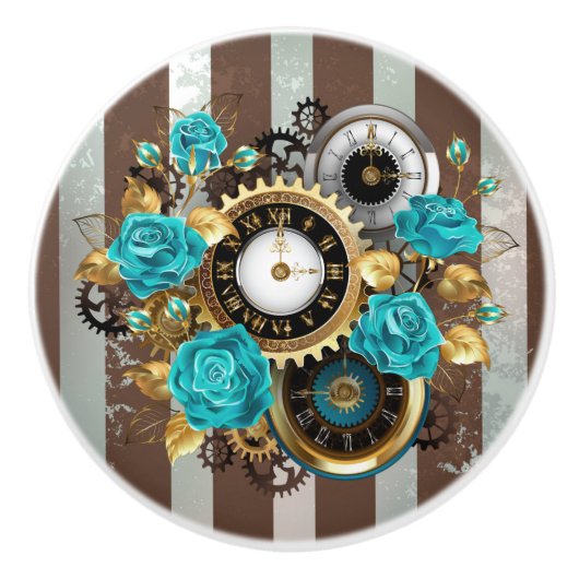 Steampunk Clock- en Turquoise-Rozen op gestreept Keramische Knop (Voorkant)