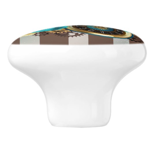 Steampunk Clock- en Turquoise-Rozen op gestreept Keramische Knop (Zijkant)