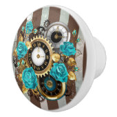 Steampunk Clock- en Turquoise-Rozen op gestreept Keramische Knop (Rechts)