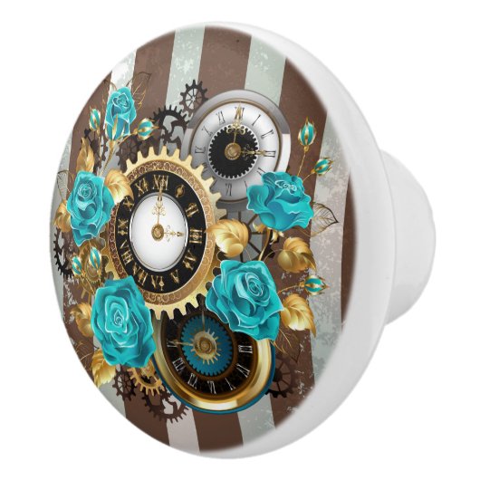 Steampunk Clock- en Turquoise-Rozen op gestreept Keramische Knop (Rechts)