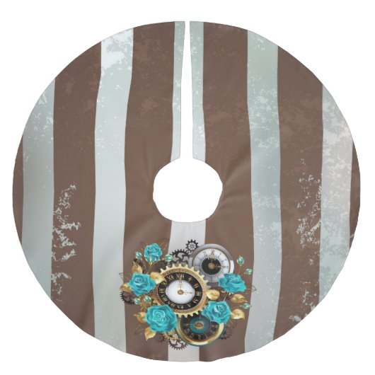 Steampunk Clock- en Turquoise-Rozen op gestreept Kerstboom Rok (Voorkant)