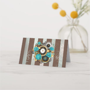 Steampunk Clock- en Turquoise-Rozen op gestreept Klantenkaartje