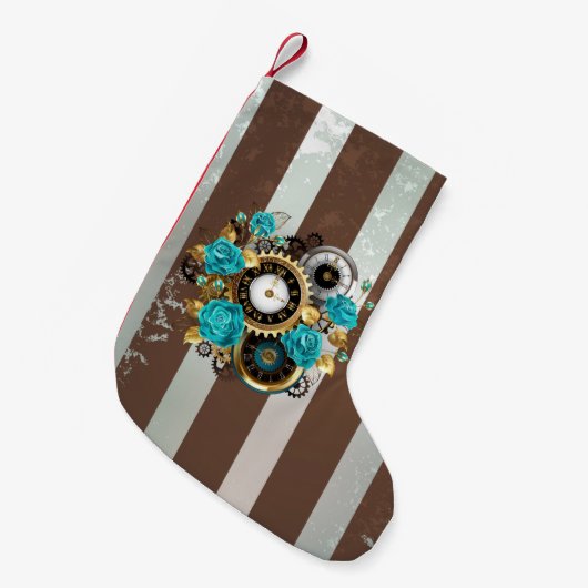 Steampunk Clock- en Turquoise-Rozen op gestreept Kleine Kerstsok (Voorkant (Hangend))