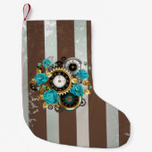 Steampunk Clock- en Turquoise-Rozen op gestreept Kleine Kerstsok (Voorkant)