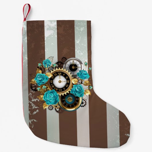 Steampunk Clock- en Turquoise-Rozen op gestreept Kleine Kerstsok (Voorkant)