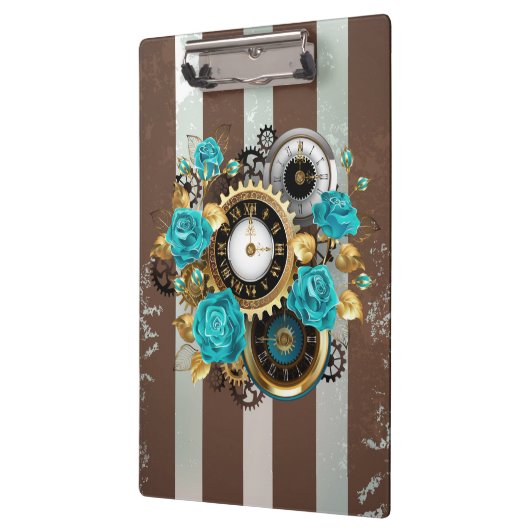 Steampunk Clock- en Turquoise-Rozen op gestreept Klembord (Links)