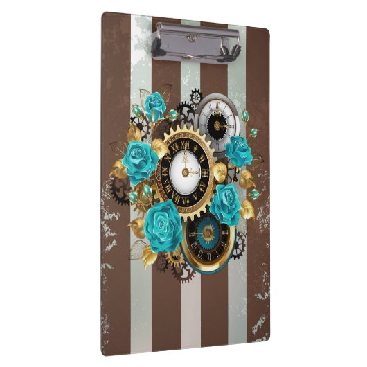 Steampunk Clock- en Turquoise-Rozen op gestreept Klembord (Rechts)