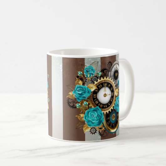 Steampunk Clock- en Turquoise-Rozen op gestreept Koffiemok (Voorkant rechts)