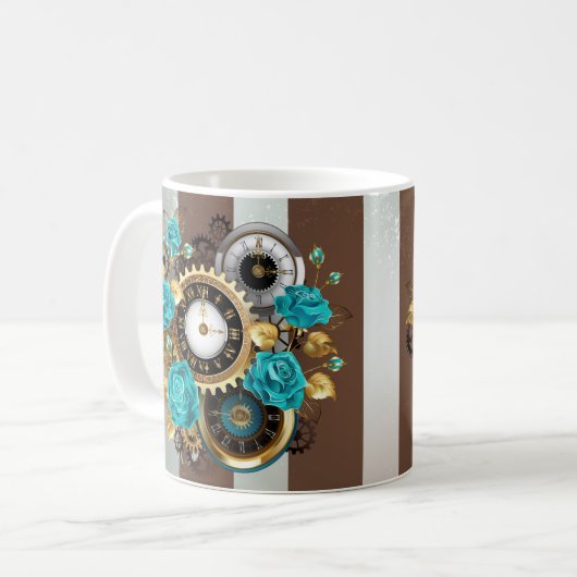Steampunk Clock- en Turquoise-Rozen op gestreept Koffiemok (Voorkant links)