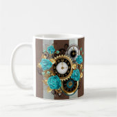 Steampunk Clock- en Turquoise-Rozen op gestreept Koffiemok (Links)
