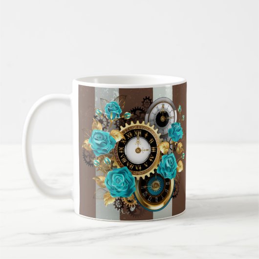 Steampunk Clock- en Turquoise-Rozen op gestreept Koffiemok (Links)
