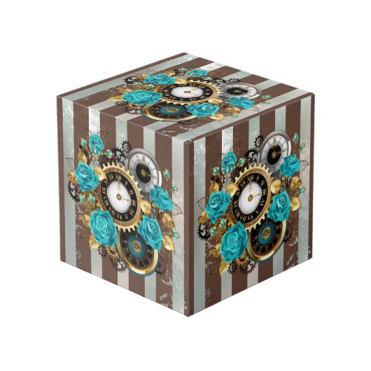 Steampunk Clock- en Turquoise-Rozen op gestreept Kubus (Voorkant hoekig)