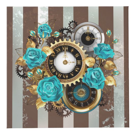 Steampunk Clock- en Turquoise-Rozen op gestreept Kubus (Voorkant)