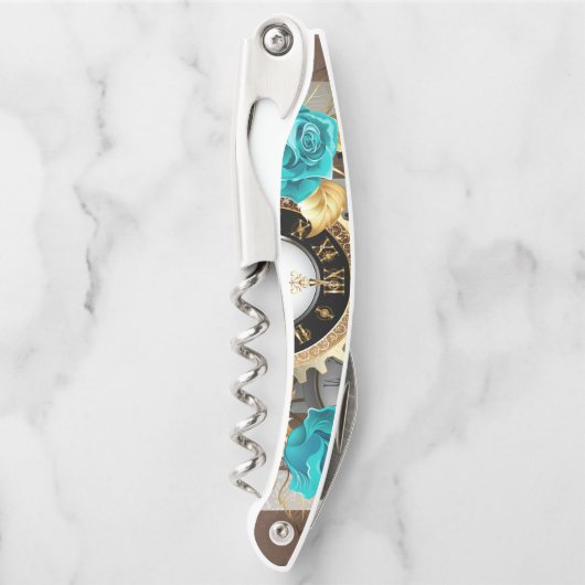 Steampunk Clock- en Turquoise-Rozen op gestreept Kurkentrekker (Voorkant)