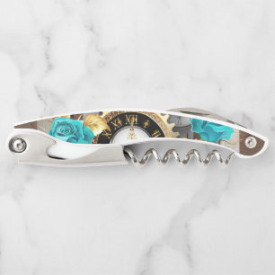 Steampunk Clock- en Turquoise-Rozen op gestreept Kurkentrekker