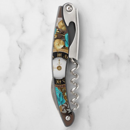 Steampunk Clock- en Turquoise-Rozen op gestreept Kurkentrekker (Achterkant)