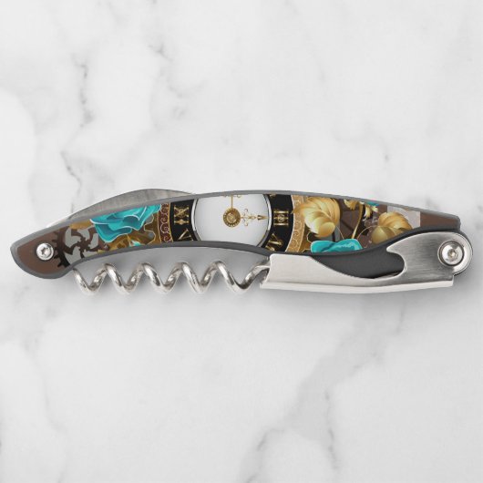 Steampunk Clock- en Turquoise-Rozen op gestreept Kurkentrekker (Achterkant)