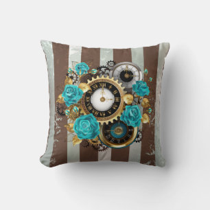 Steampunk Clock- en Turquoise-Rozen op gestreept Kussen