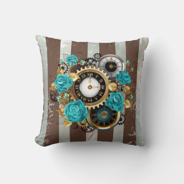 Steampunk Clock- en Turquoise-Rozen op gestreept Kussen (Voorkant)