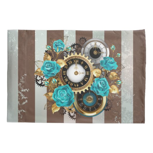 Steampunk Clock- en Turquoise-Rozen op gestreept Kussensloop (Achterkant)