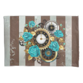 Steampunk Clock- en Turquoise-Rozen op gestreept Kussensloop (Voorkant)