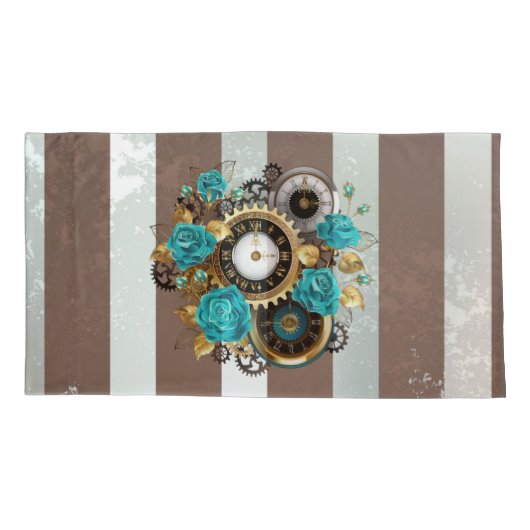 Steampunk Clock- en Turquoise-Rozen op gestreept Kussensloop (Achterkant)
