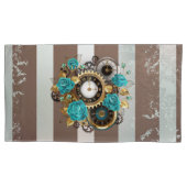 Steampunk Clock- en Turquoise-Rozen op gestreept Kussensloop (Voorkant)