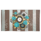 Steampunk Clock- en Turquoise-Rozen op gestreept Kussensloop (Voorkant-Links)