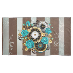 Steampunk Clock- en Turquoise-Rozen op gestreept Kussensloop