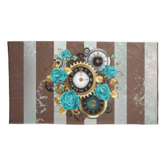 Steampunk Clock- en Turquoise-Rozen op gestreept Kussensloop (Achterkant-Rechts)