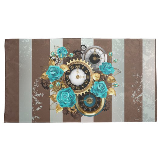 Steampunk Clock- en Turquoise-Rozen op gestreept Kussensloop (Voorkant-Rechts)