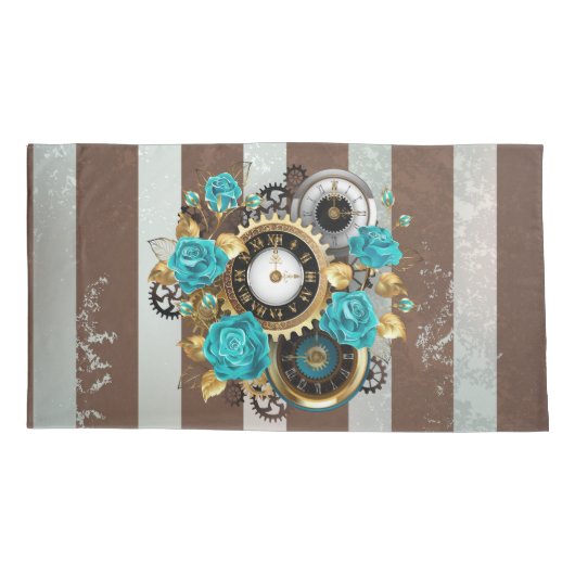 Steampunk Clock- en Turquoise-Rozen op gestreept Kussensloop (Achterkant-Links)