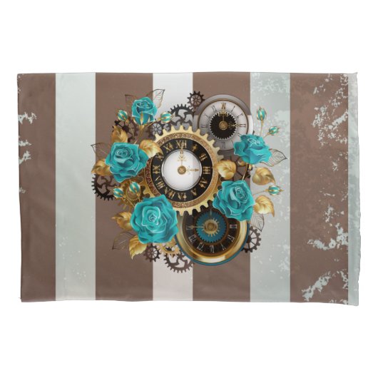 Steampunk Clock- en Turquoise-Rozen op gestreept Kussensloop (Voorkant-Links)