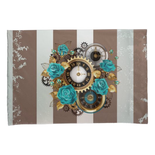 Steampunk Clock- en Turquoise-Rozen op gestreept Kussensloop (Voorkant-Rechts)