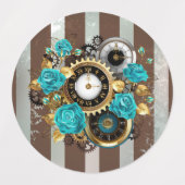 Steampunk Clock- en Turquoise-Rozen op gestreept Labels (Design 2)