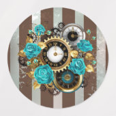 Steampunk Clock- en Turquoise-Rozen op gestreept Labels (Design 1)