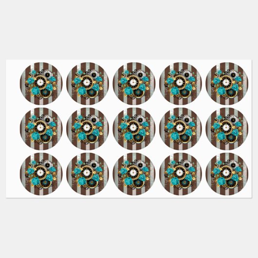 Steampunk Clock- en Turquoise-Rozen op gestreept Labels (Vel)