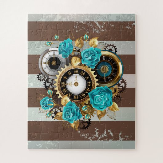 Steampunk Clock- en Turquoise-Rozen op gestreept Legpuzzel (Verticaal)