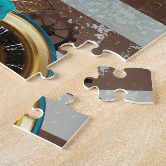 Steampunk Clock- en Turquoise-Rozen op gestreept Legpuzzel (Zijkant)