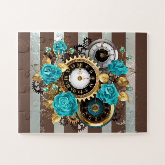 Steampunk Clock- en Turquoise-Rozen op gestreept Legpuzzel (Horizontaal)