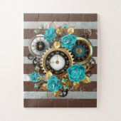 Steampunk Clock- en Turquoise-Rozen op gestreept Legpuzzel (Verticaal)