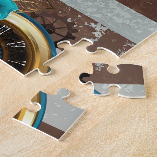 Steampunk Clock- en Turquoise-Rozen op gestreept Legpuzzel (Zijkant)