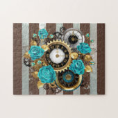 Steampunk Clock- en Turquoise-Rozen op gestreept Legpuzzel (Horizontaal)