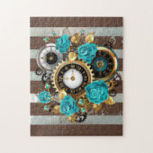 Steampunk Clock- en Turquoise-Rozen op gestreept Legpuzzel (Verticaal)