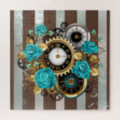 Steampunk Clock- en Turquoise-Rozen op gestreept Legpuzzel (Horizontaal)