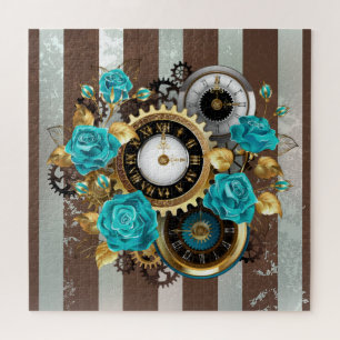 Steampunk Clock- en Turquoise-Rozen op gestreept Legpuzzel